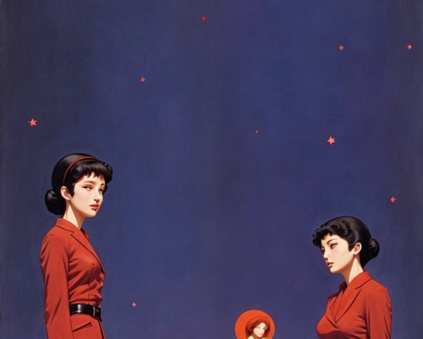 Three Women in Red Outfits Under a Starry Night Sky