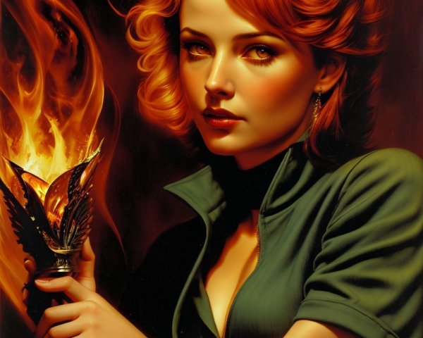 Vibrant Red-Haired Woman with Torch in Dark Background