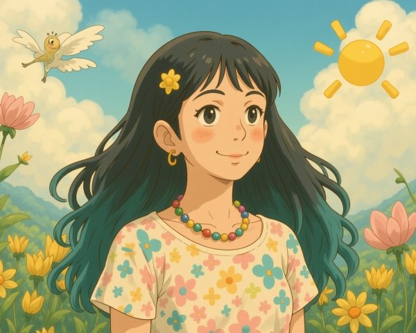 Cheerful girl with blue-tipped hair in flower landscape