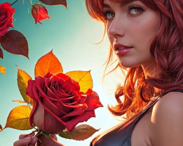 Young Woman with Red Hair and Rose in Colorful Setting