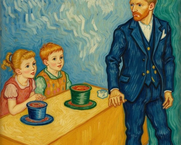 Vivid Artwork of Children and a Man by a Table