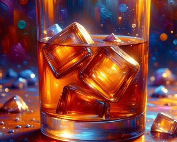 Amber Liquid in Glass with Ice on Wooden Surface