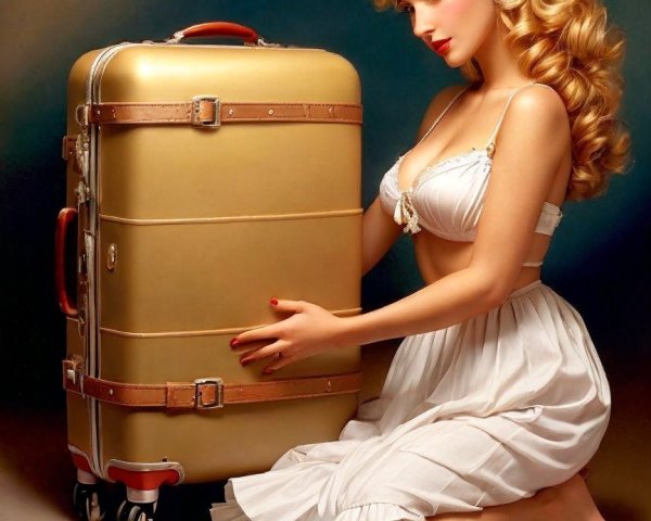 Vintage Glamour with Gold Suitcase and White Dress