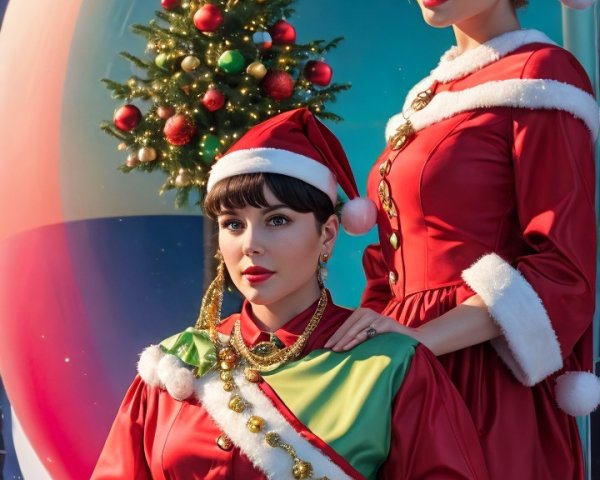 Women in Christmas Outfits with Holiday Backdrop