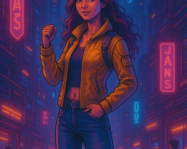 Young Woman in Neon Urban Setting with Raised Fist
