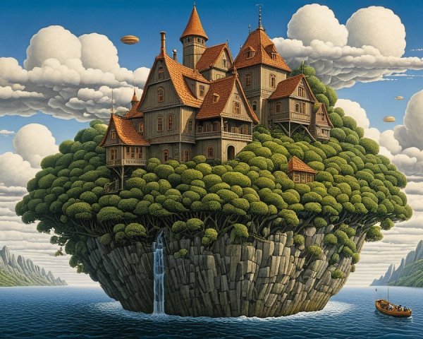Whimsical Floating Island with Mansion and Waterfall