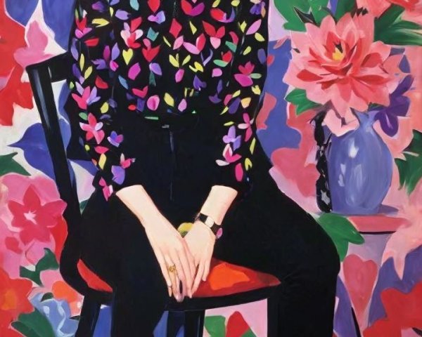 Vibrant Pop Art Painting of a Woman in Black Attire