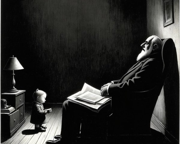 Dimly Lit Room with Grandfather and Child Reading