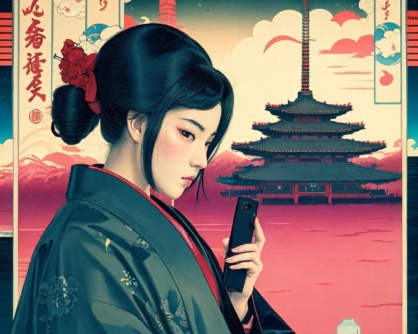Woman in Traditional Attire with Smartphone by Pagoda
