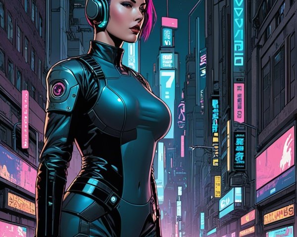Futuristic Woman in Neon-Lit Cyberpunk Cityscape