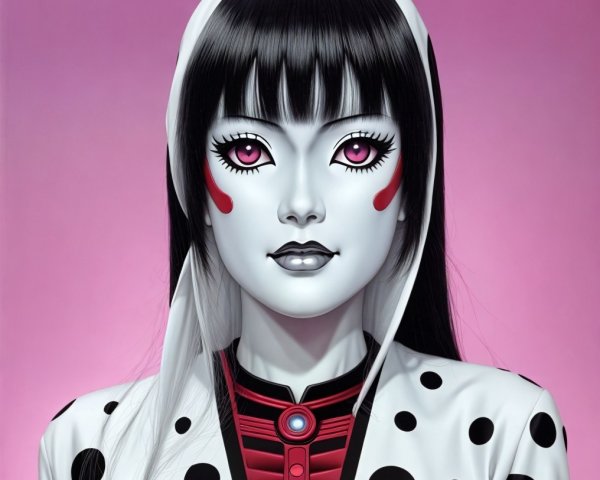 Stylized Humanoid Figure with Bold Contrasts and Patterns