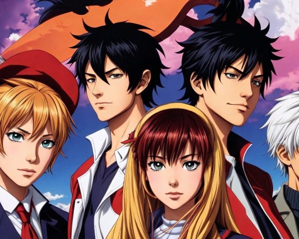 Anime Group Portrait with Dramatic Sky and Dragon