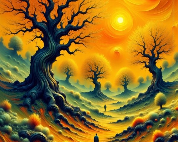 Surreal Landscape with Twisted Trees and Vibrant Sky
