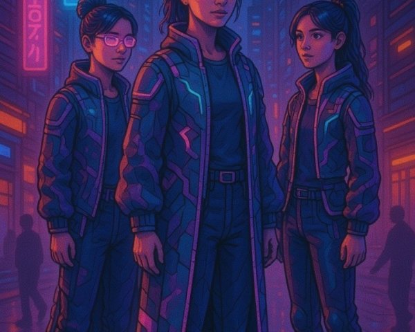 Futuristic Cityscape with Confident Women in Tech Outfits