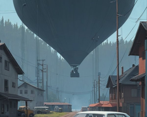 Giant Gray Hot Air Balloon Over Rural Road Scene