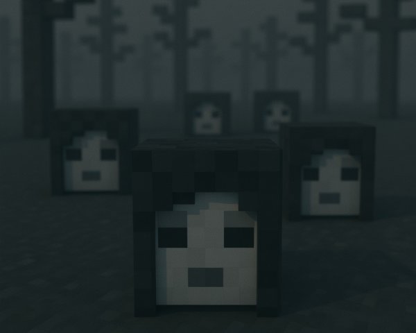 Eerie Pixelated Figures in a Foggy Landscape