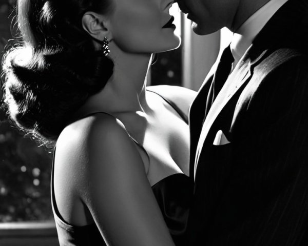 Black and white closeup of a couple in romance