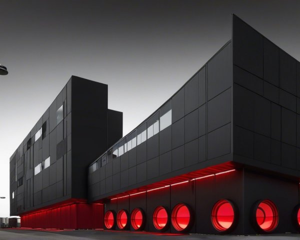 Modern building with black exterior and red accents