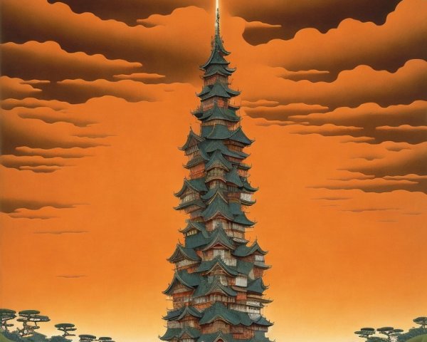 Towering Pagoda on Island Surrounded by Tranquil Waters