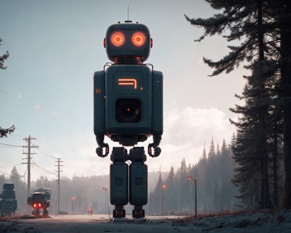 Futuristic robots on a desolate morning road scene