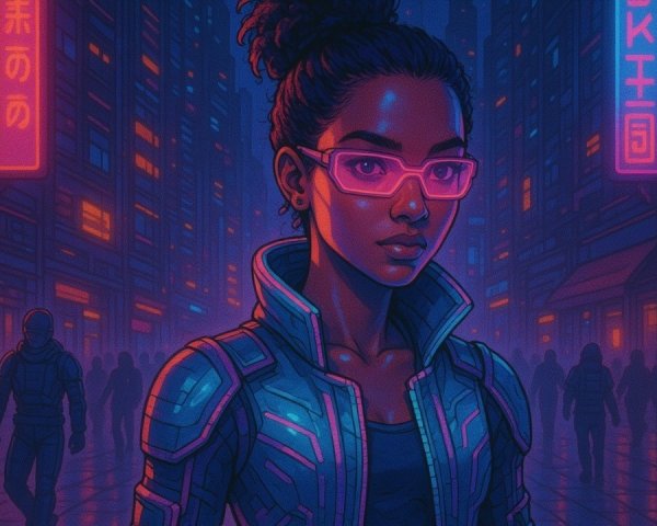 Futuristic Cityscape with Neon Lights and Young Woman