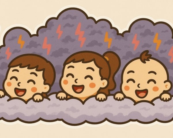 Cartoon Children Playfully Peeking from Purple Clouds