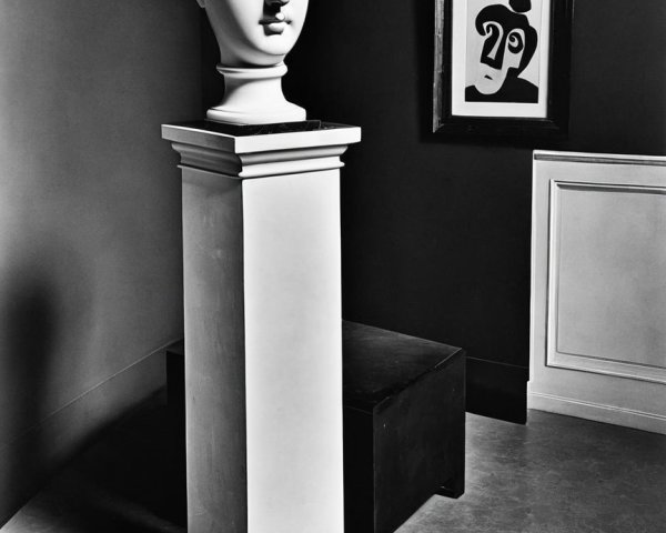 Classical Bust on White Pedestal with Abstract Artwork