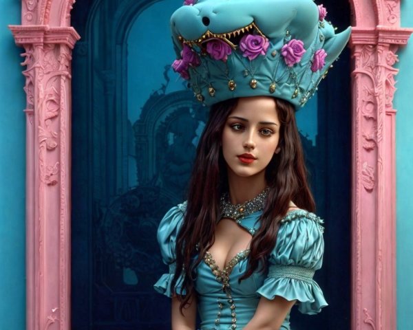 Young Woman in Blue Dress with Sea Creature Crown