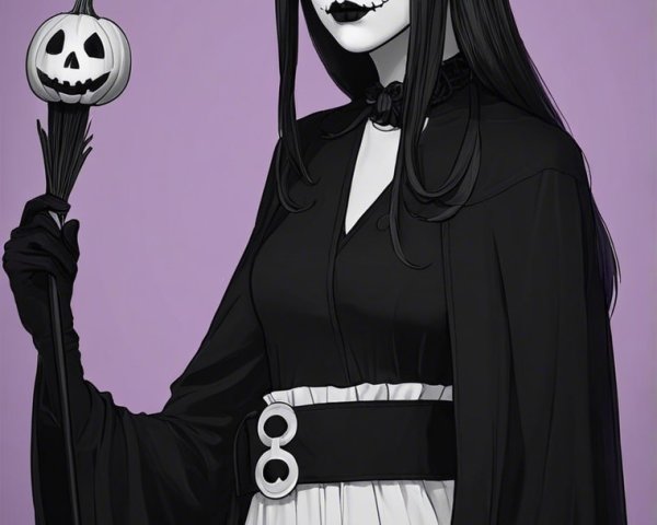 Witch in Cloak with Pumpkin on Stick Against Purple Background