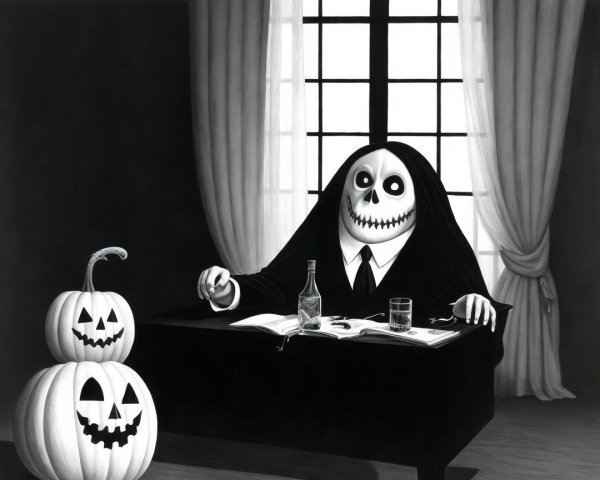 Skeletal Figure in Suit with Halloween Decor Elements