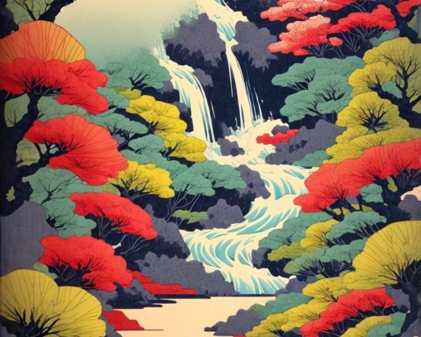 Vibrant Japanese Landscape with Waterfalls and Blossoms