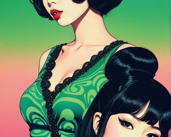 Stylish Women in Green Outfits with Vibrant Background