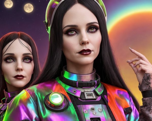 Futuristic Figures Against Cosmic Colorful Backdrop