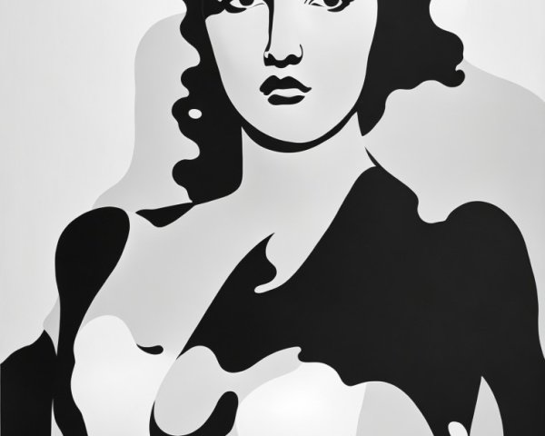 Black-and-White Artwork of a Woman with Fluid Shapes
