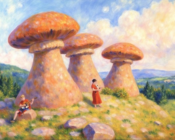 Mushroom Formations in a Lush, Serene Landscape