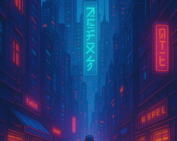 Futuristic neon cityscape with astronaut figure and crowds