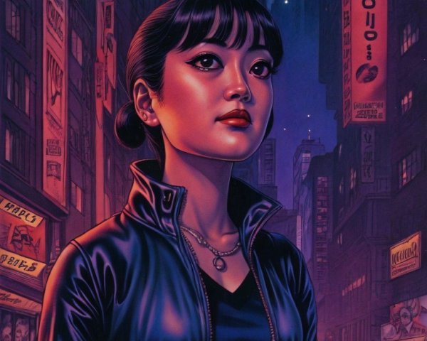 Young Woman in Futuristic Urban Setting at Dusk