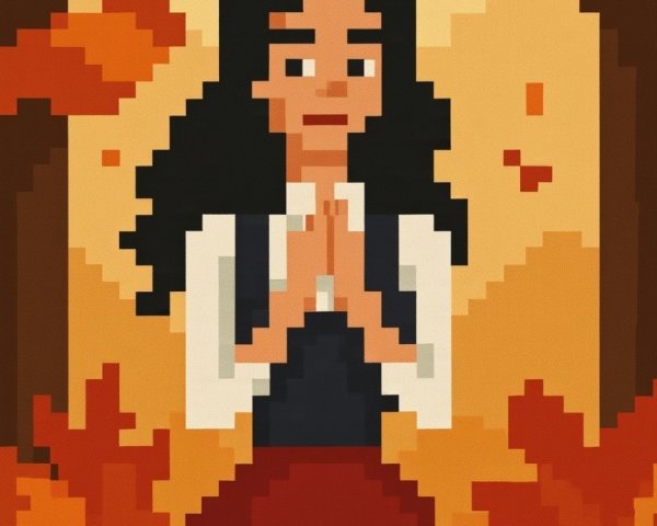 Pixel Art of Woman in Autumn Leaves Scene