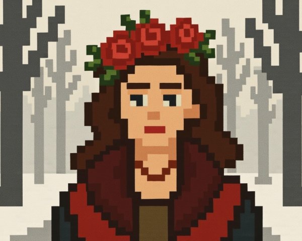 Pixel Art Portrait of a Woman in Winter Landscape