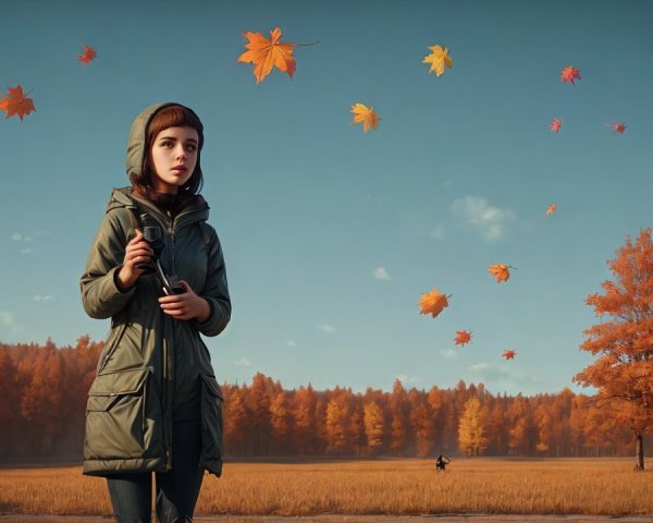 Young girl in autumn landscape with camera and leaves