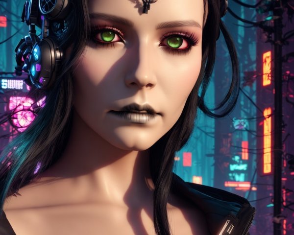 Futuristic character with green eyes in neon cityscape