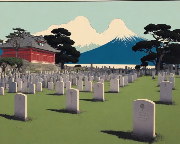 Serene Landscape with Graveyard and Majestic Mountains