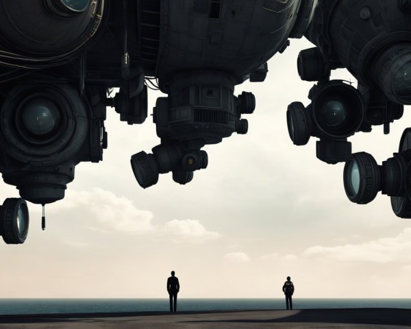 Silhouetted Figures in Front of Futuristic Structures