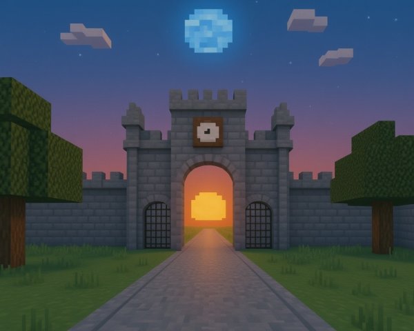 Pixelated Castle Gate at Sunset with Clock and Trees