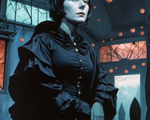 Woman in Black Gown with Dramatic Headpiece in Dim Room