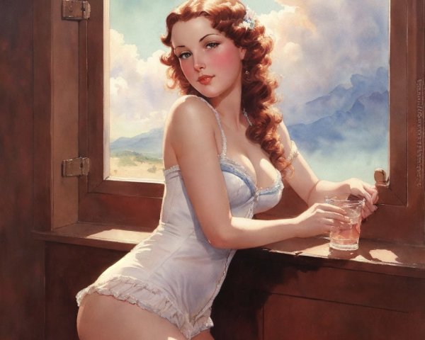 Fair-skinned redhead woman in pin-up style painting