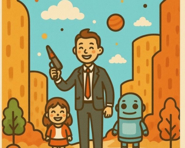 Whimsical Illustration of a Man, Girl, and Robot