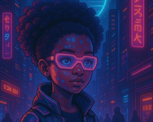 Vibrant Neon Cityscape with Confident Girl and Moon