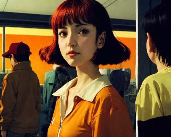 Young woman with red bob hairstyle in orange jacket