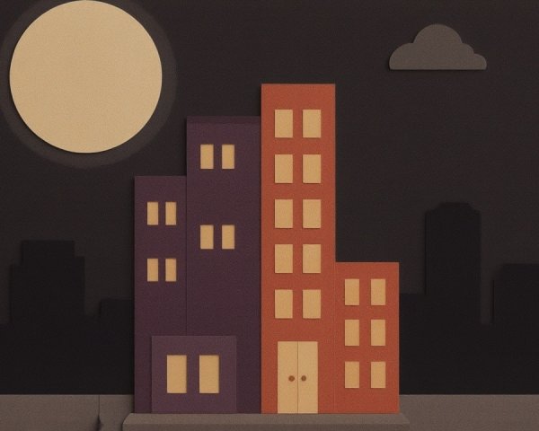 Colorful Paper Cityscape at Night with Moon and Clouds